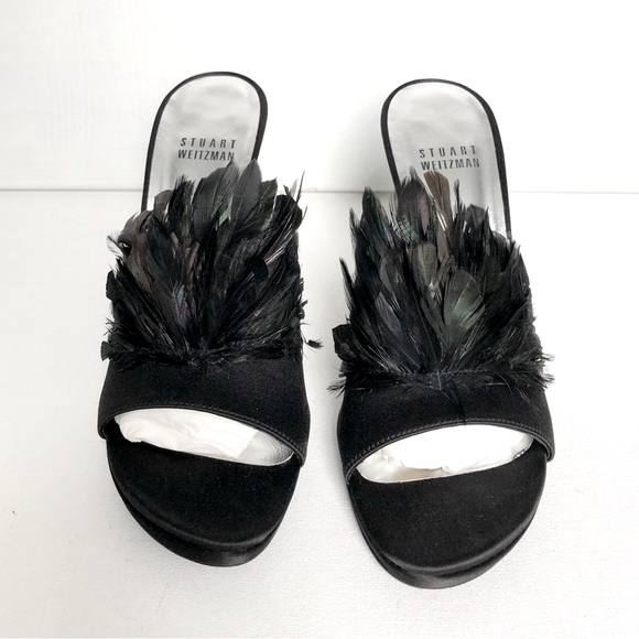 NWT Stuart Weitzman Feathered Black Satin Strapless Heels Size 6 - Picture 7 of 17